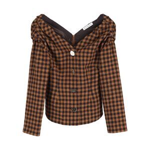 Rejina Pyo Checked V-neck Blouse in Brown Wool